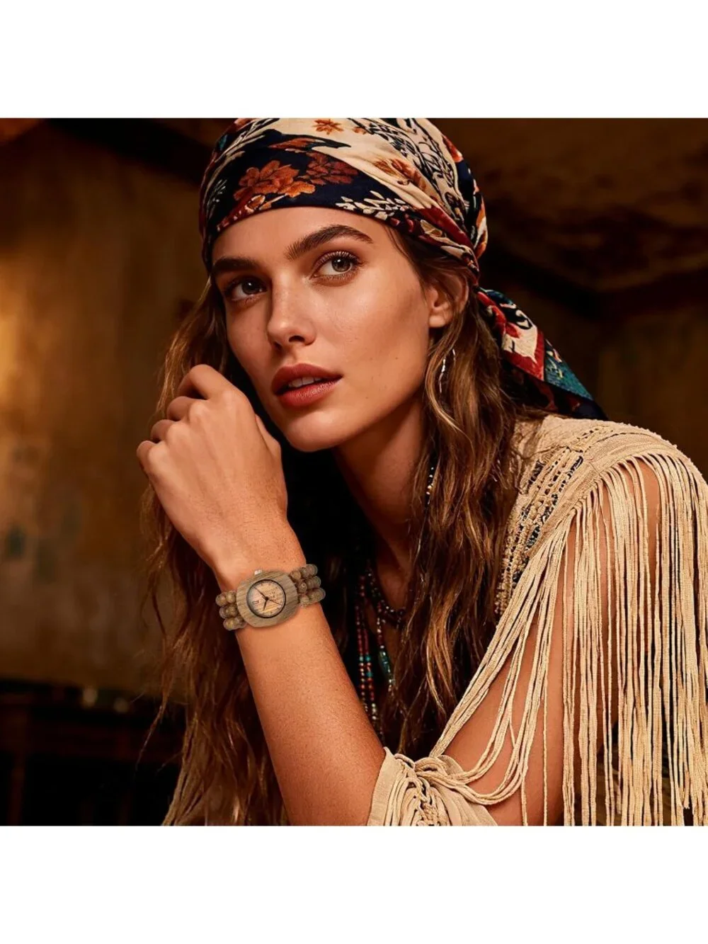 Women's All Brown Analog Quartz Buddhist Beaded Bracelet Elastic Wooden Watch